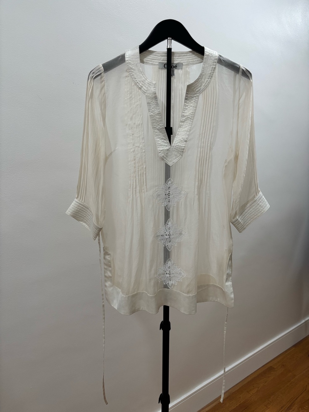 304. Chloe 100% Silk Ivory Embroidered V-Neck Sheer Peasant Blouse